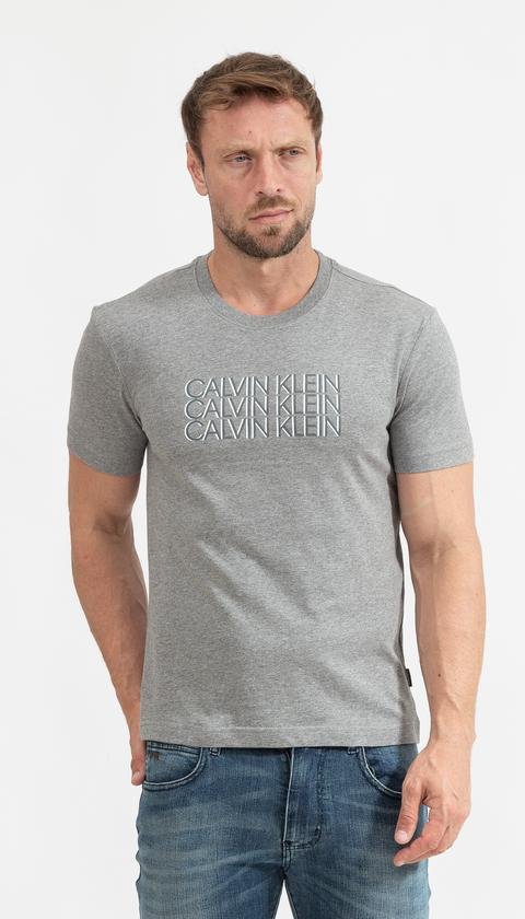  Calvin Klein Triple Center Logo T-Shirt Erkek Bisiklet Yaka T-Shirt