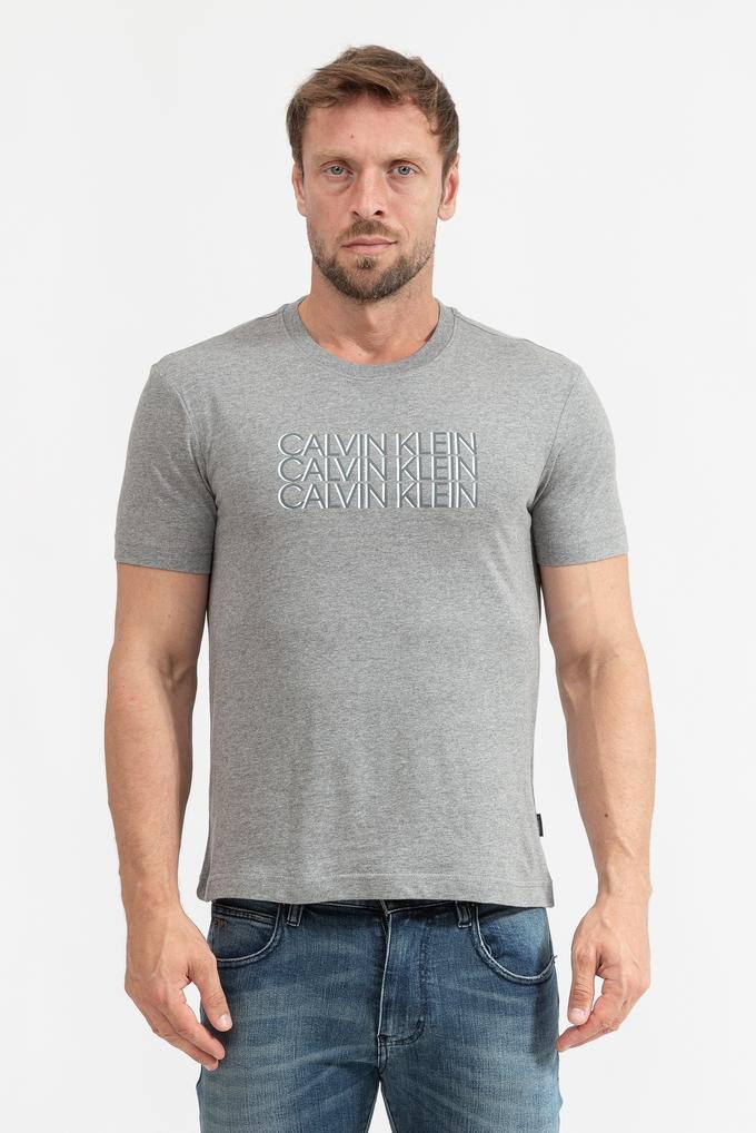  Calvin Klein Triple Center Logo T-Shirt Erkek Bisiklet Yaka T-Shirt