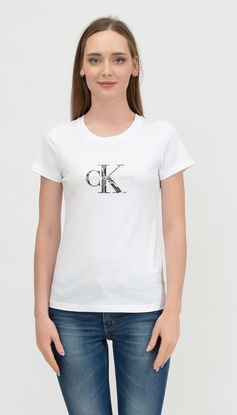  Calvin Klein Seasonal Filled Monogram Tee Kadın Bisiklet Yaka T-Shirt