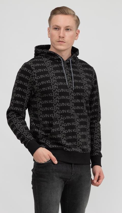  Calvin Klein Allover Logo Hoodie Erkek Kapüşonlu Sweatshirt
