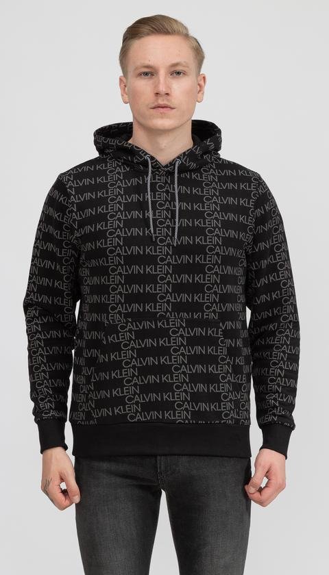  Calvin Klein Allover Logo Hoodie Erkek Kapüşonlu Sweatshirt