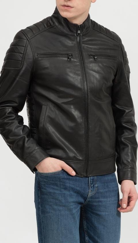  Calvin Klein Essential Leather Biker Jacket Erkek Deri Mont