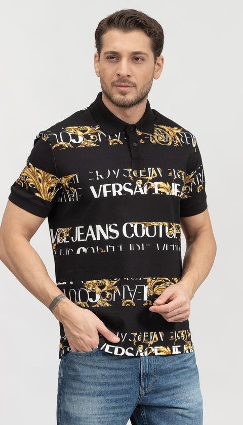  Versace Jeans Couture R Print Stripes Logo B Erkek Polo Yaka T-Shirt