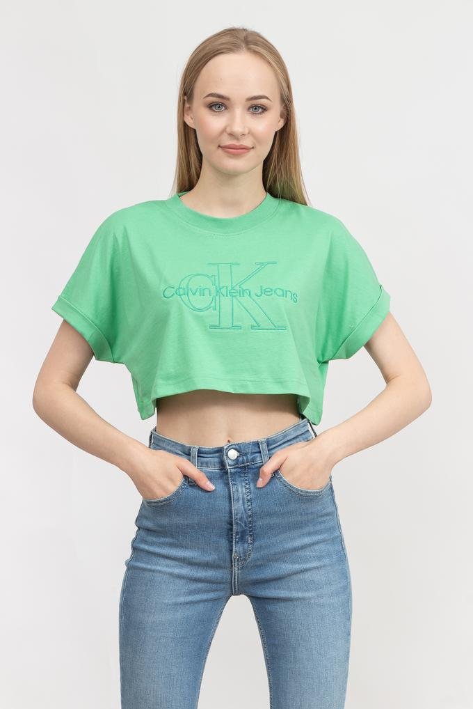  Calvin Klein Embroidered Monologo Cropped Kadın Bisiklet Yaka T-Shirt