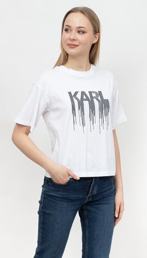  Karl Lagerfeld Rhinestone  Kadın Bisiklet Yaka T-Shirt